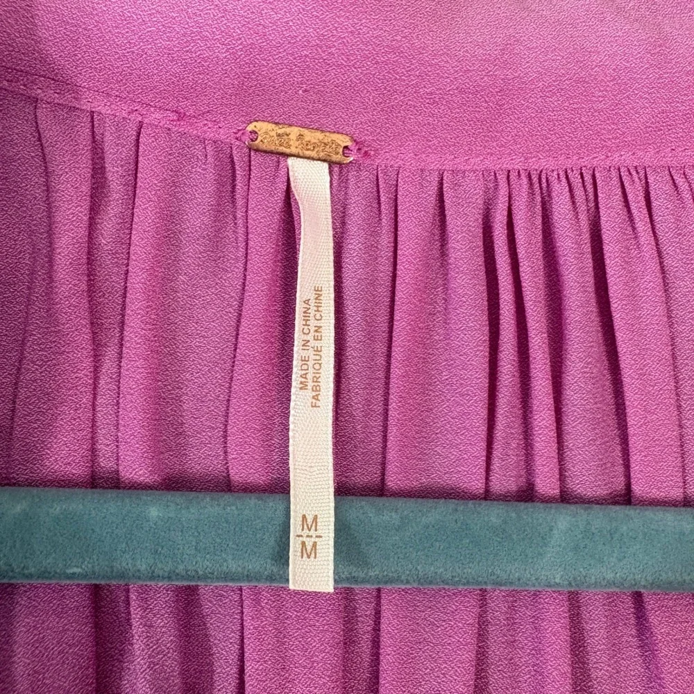 Free People Blouse Womens M Pink Magenta‎ Puff Sleeve Button Front Crop Top Boho